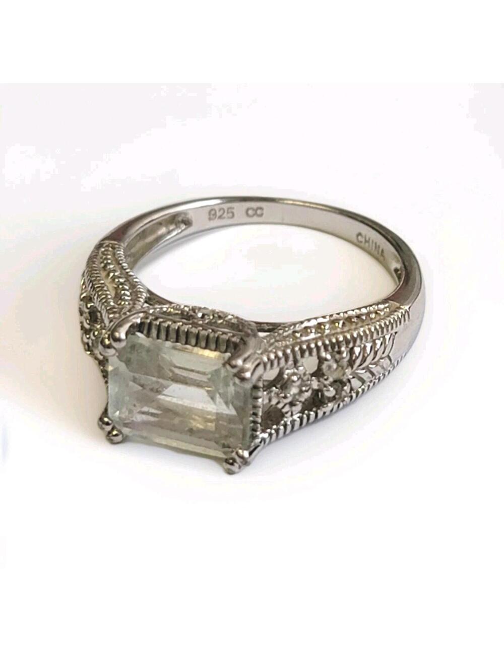 Vintage Filigree Aquamarine Lab Created Sterling Silver 925 Ring Size 7.5
